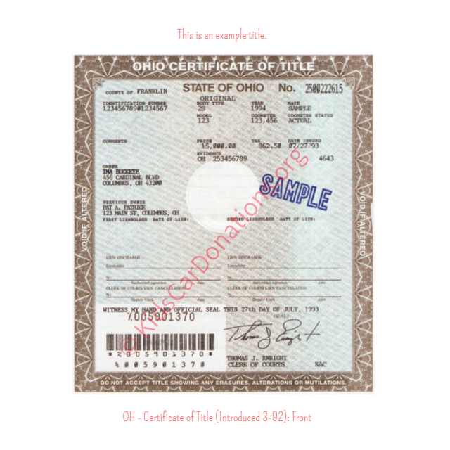 This is an Example of Ohio Certificate of Title (Introduced 3-92) Front View | Kids Car Donations